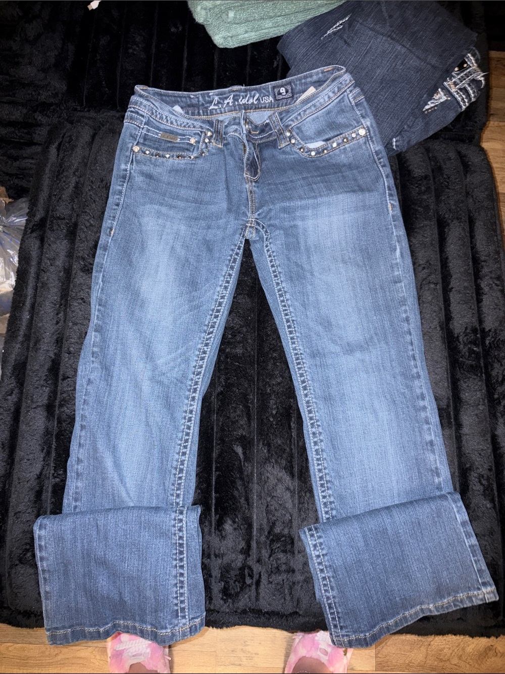 L.A. idol Women's Medium Blue Boot-Cut Jeans with Studded Pockets
